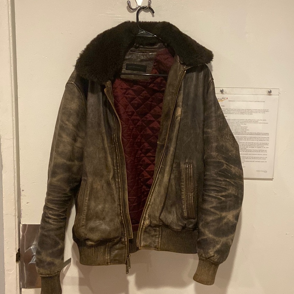 John Varvatos fur neck leather jacket from Bloomingdale’s